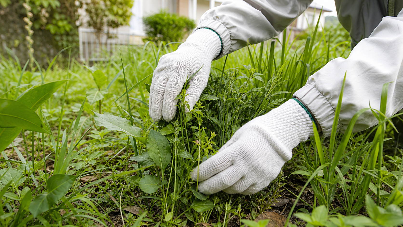 庭の雑草に触れる前に手袋で草を確認する様子