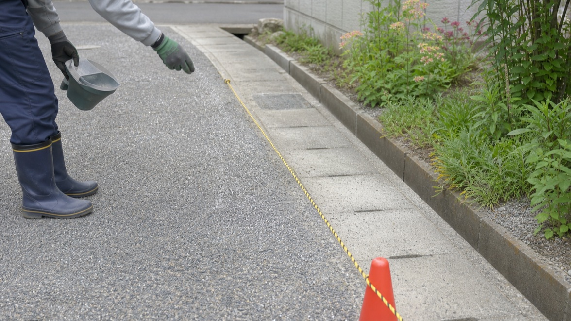 花壇や排水まわりを避けて駐車場に粒剤を撒く注意点