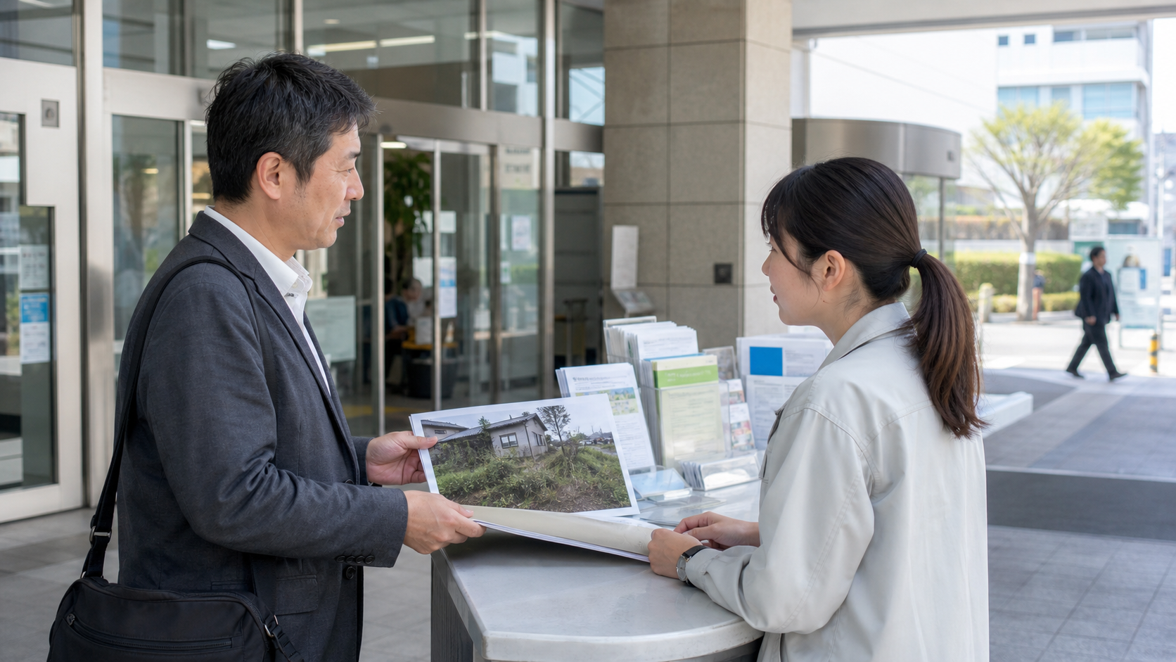市役所の窓口で空き家の草刈りについて相談している様子