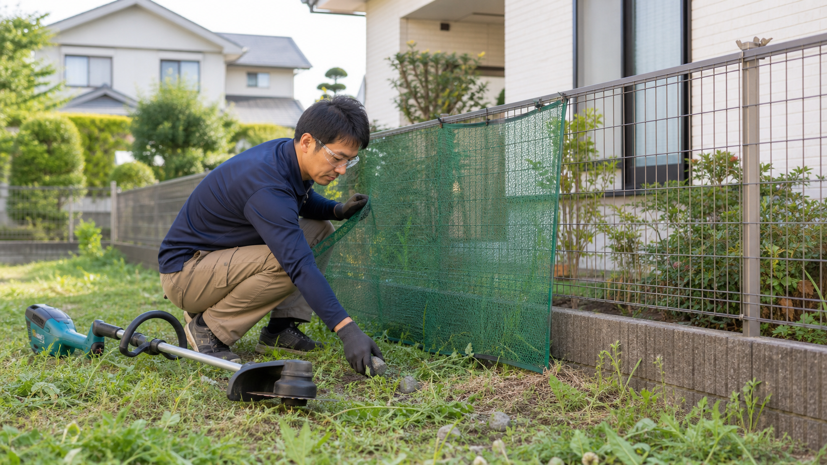 フェンス沿いで飛び石対策をして草刈り前に準備する様子