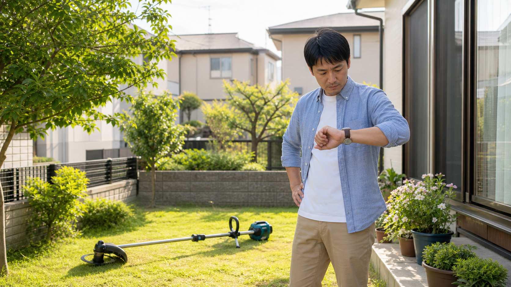 草刈りを始める前に時間帯を確認する住宅街の庭