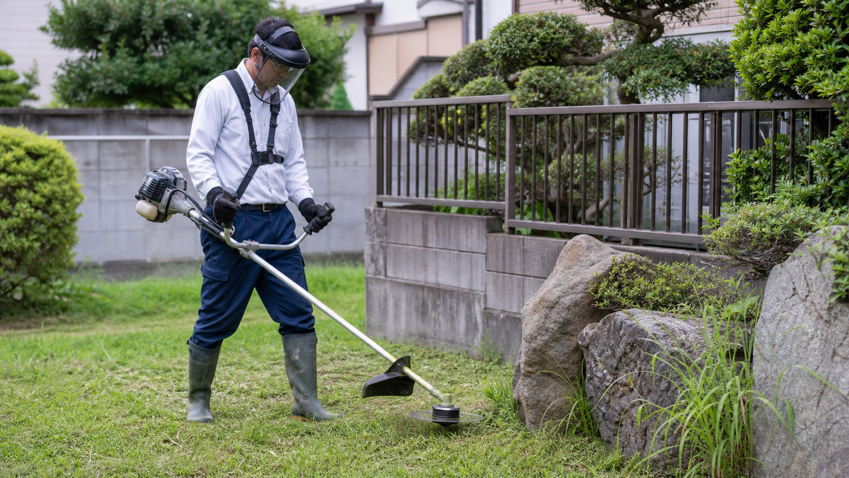 庭の石まわりで防護具を着けて草刈機を使う様子