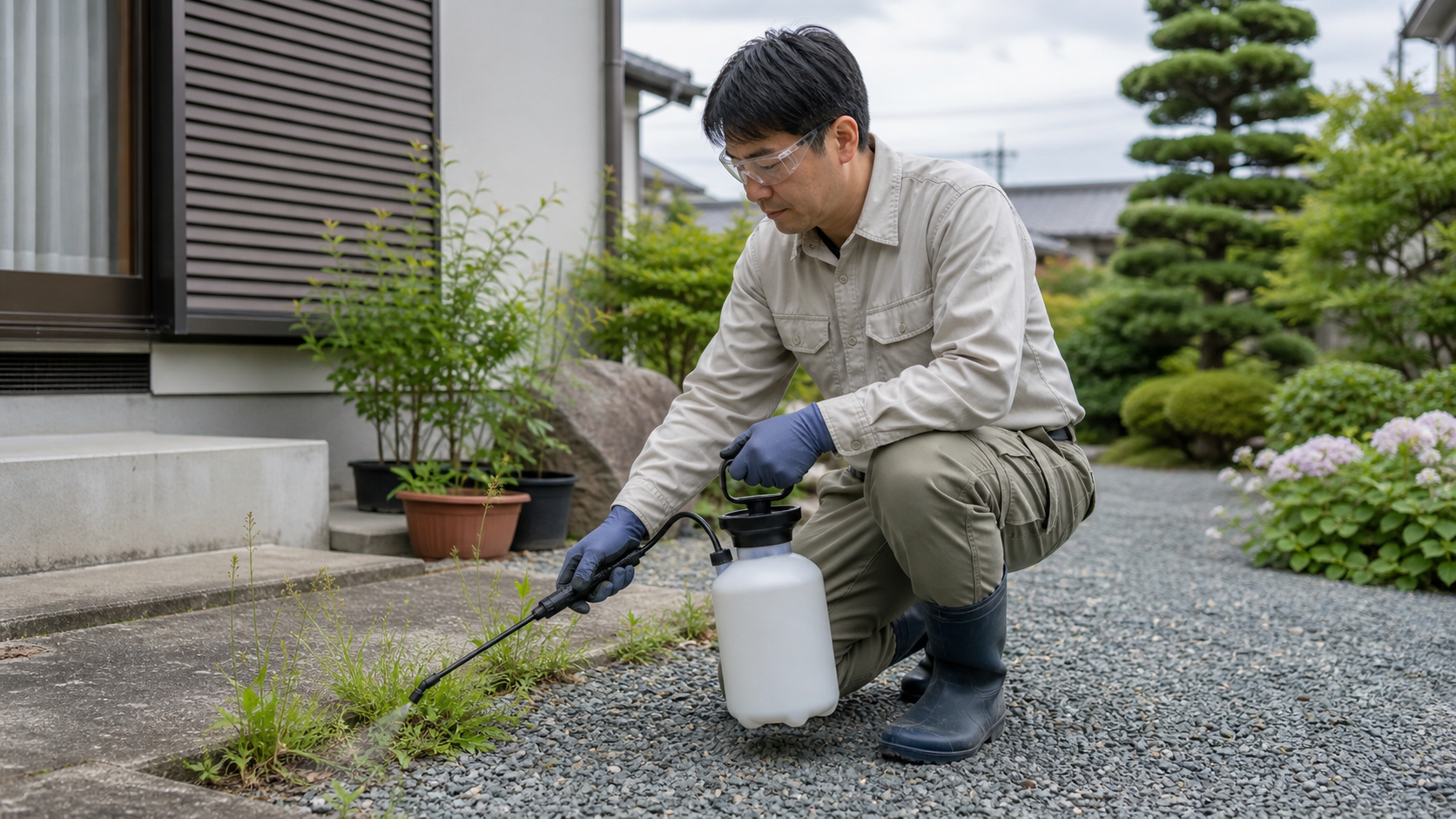 防護具を着けて庭の雑草へ除草剤を散布する様子