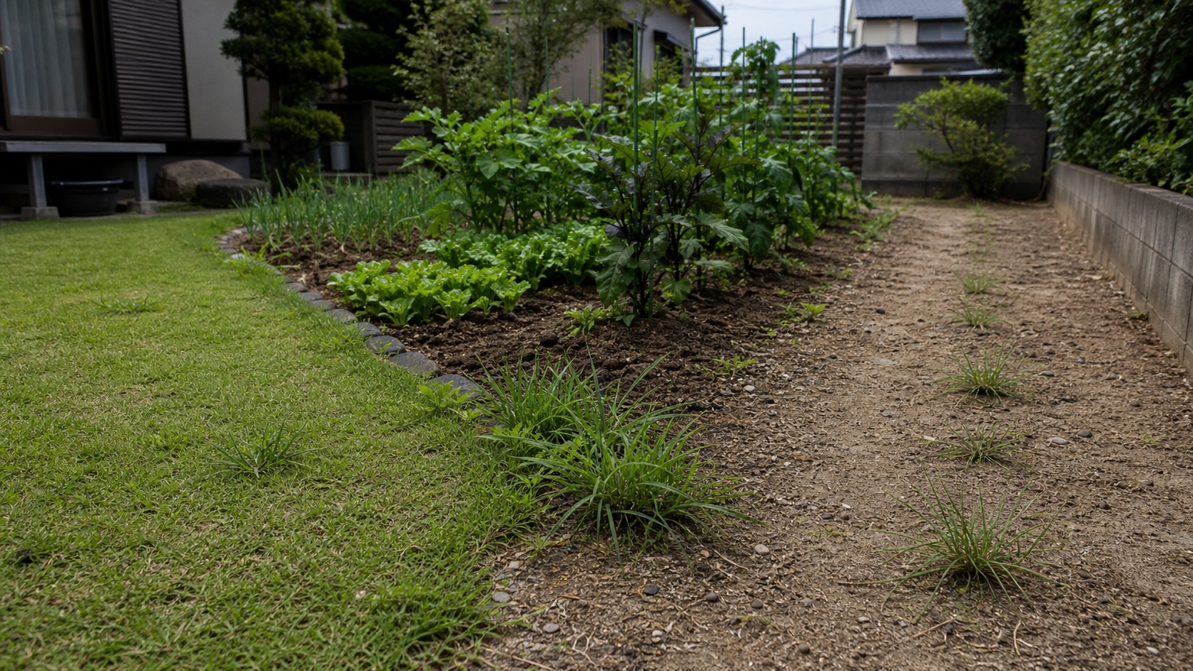 芝生と畑と裸地に生えるハマスゲ