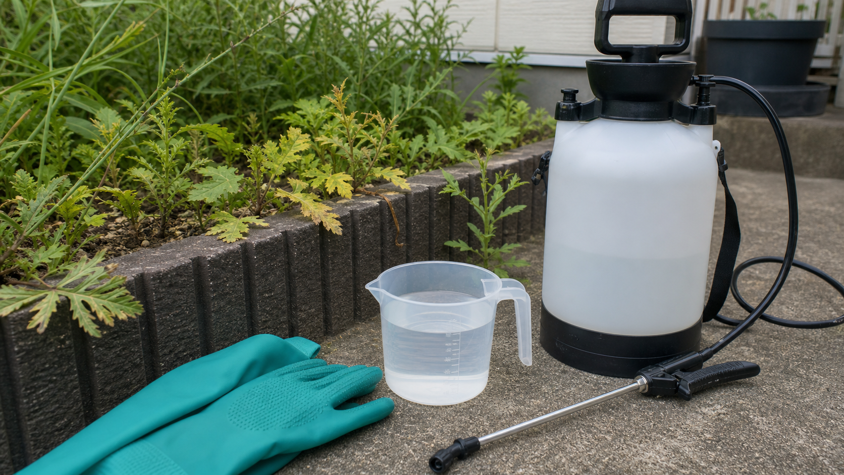 除草剤を撒き直す前に装備と希釈を確認する様子