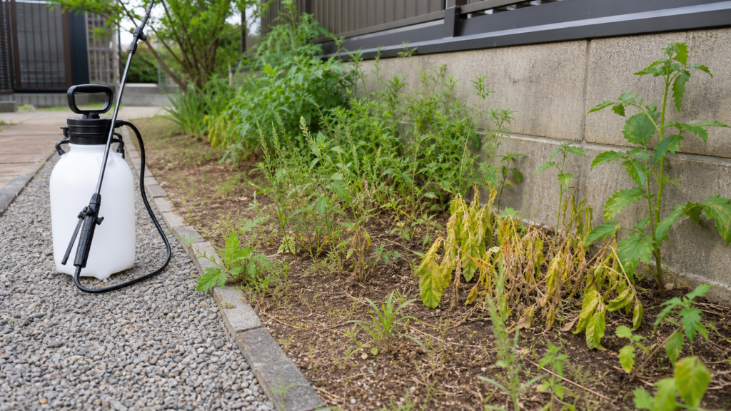 除草剤を散布した庭で雑草が枯れ始めている様子