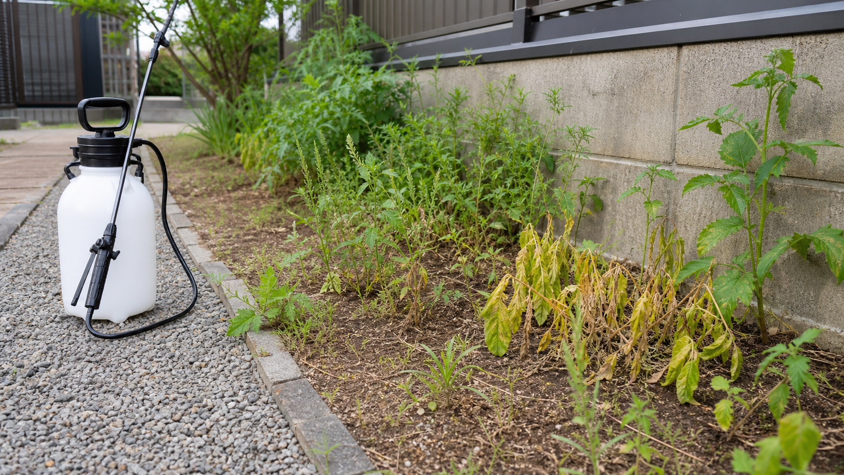 除草剤を散布した庭で雑草が枯れ始めている様子