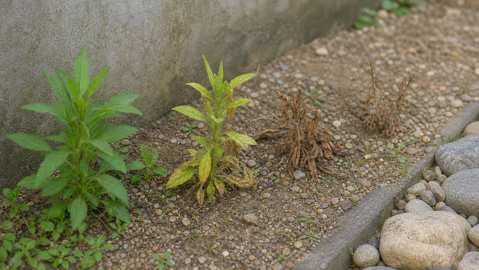 除草剤の効果で緑から黄化、枯れ草へ変化する雑草