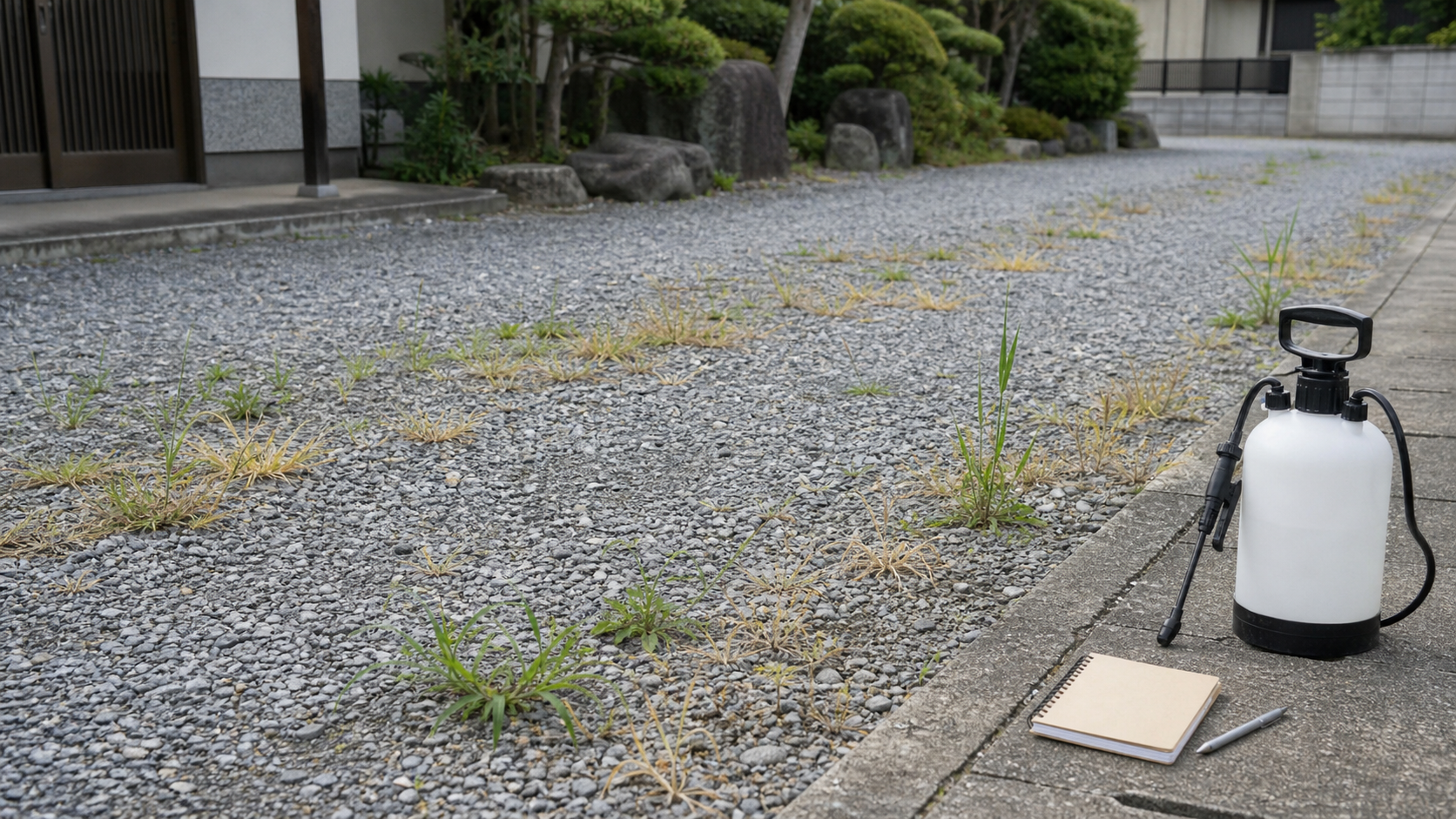 除草剤が効かない場所を確認するための庭の様子
