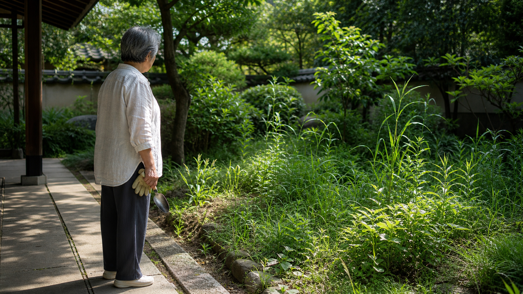 高齢者が庭の草むしり前に無理のない範囲を確認する様子