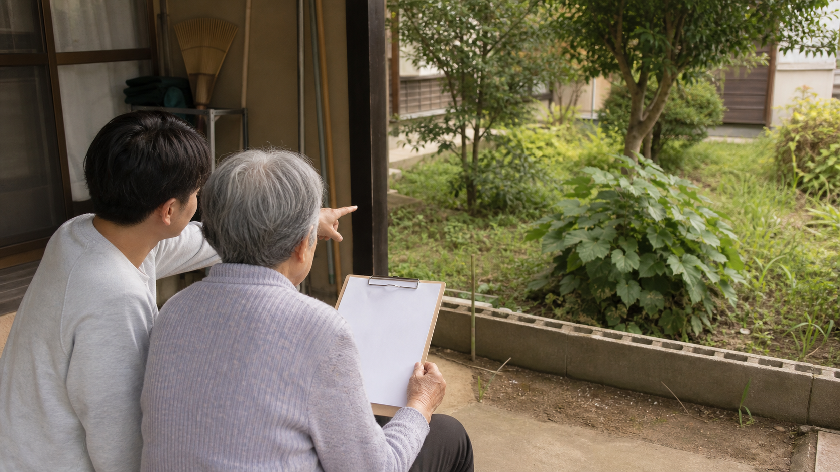 親の庭の雑草対策を家族で相談する様子