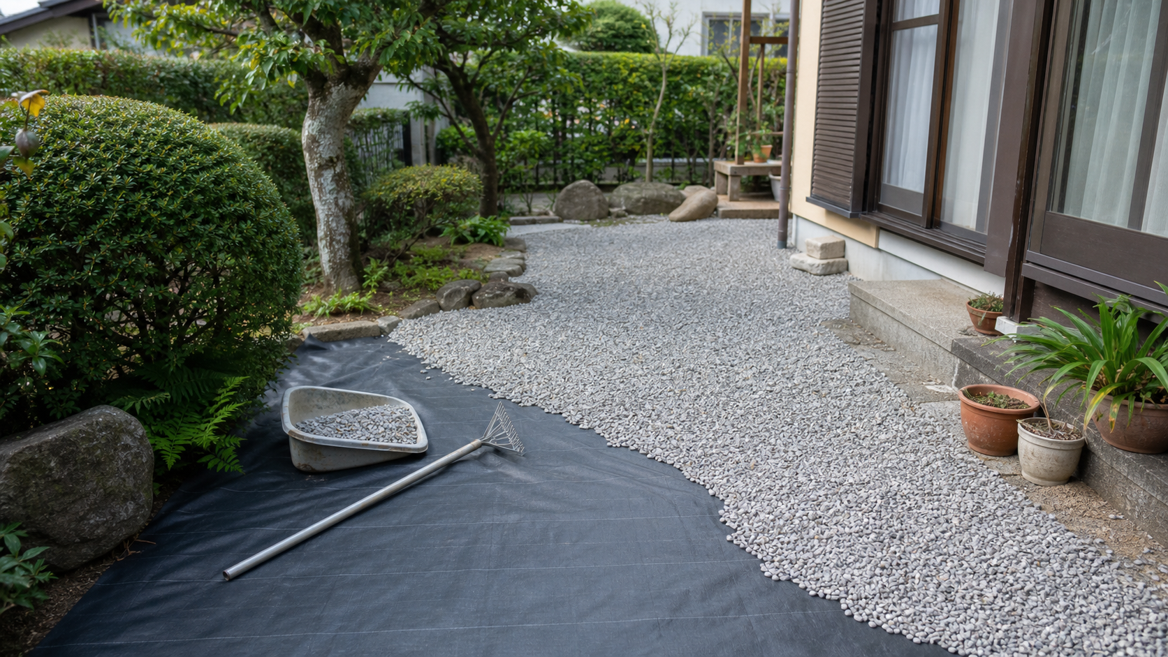 防草シートと砂利で高齢者の庭じまいを進める様子