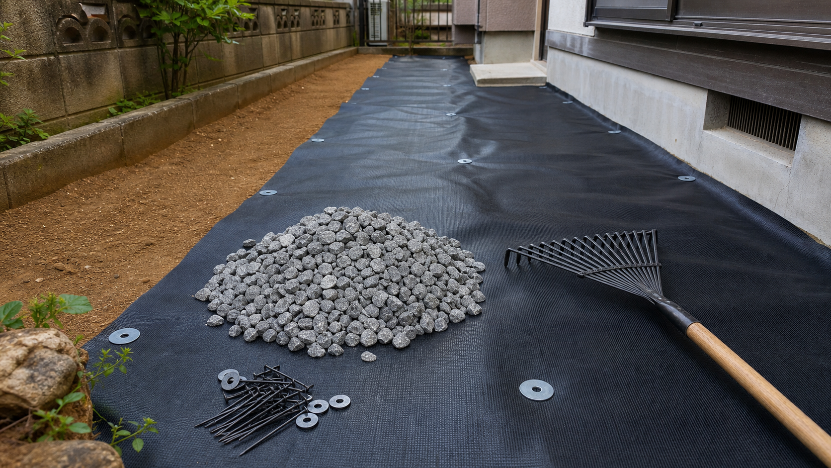 防草シートを固定してグレー砂利を敷く施工手順のイメージ