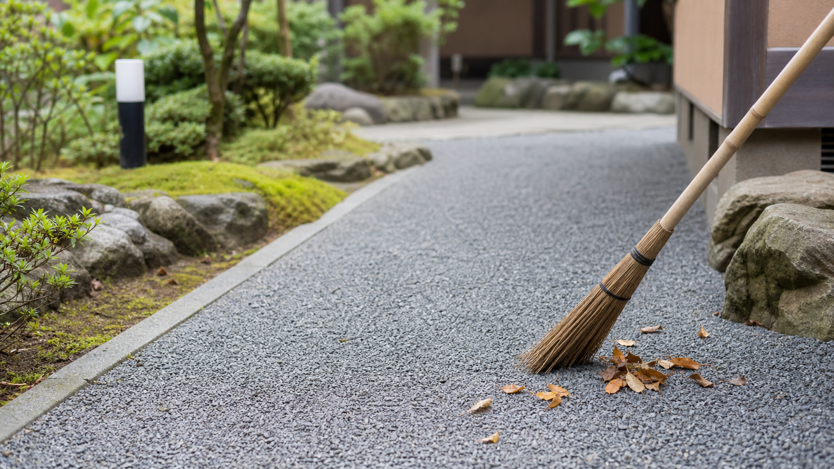 グレー砂利の庭を掃除して雑草の種を溜めないメンテナンス風景