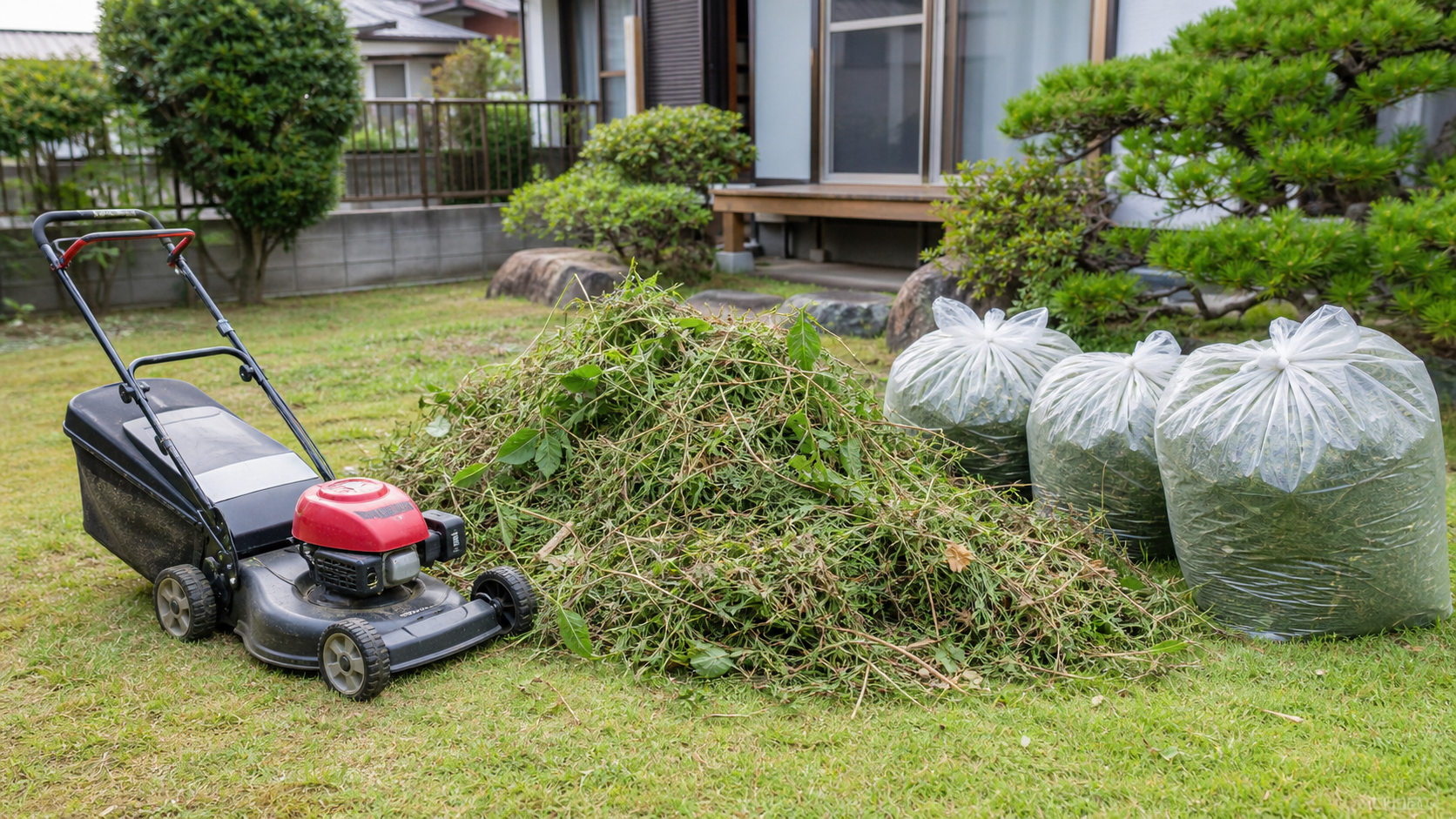広い庭で草刈り後の草を片付ける様子