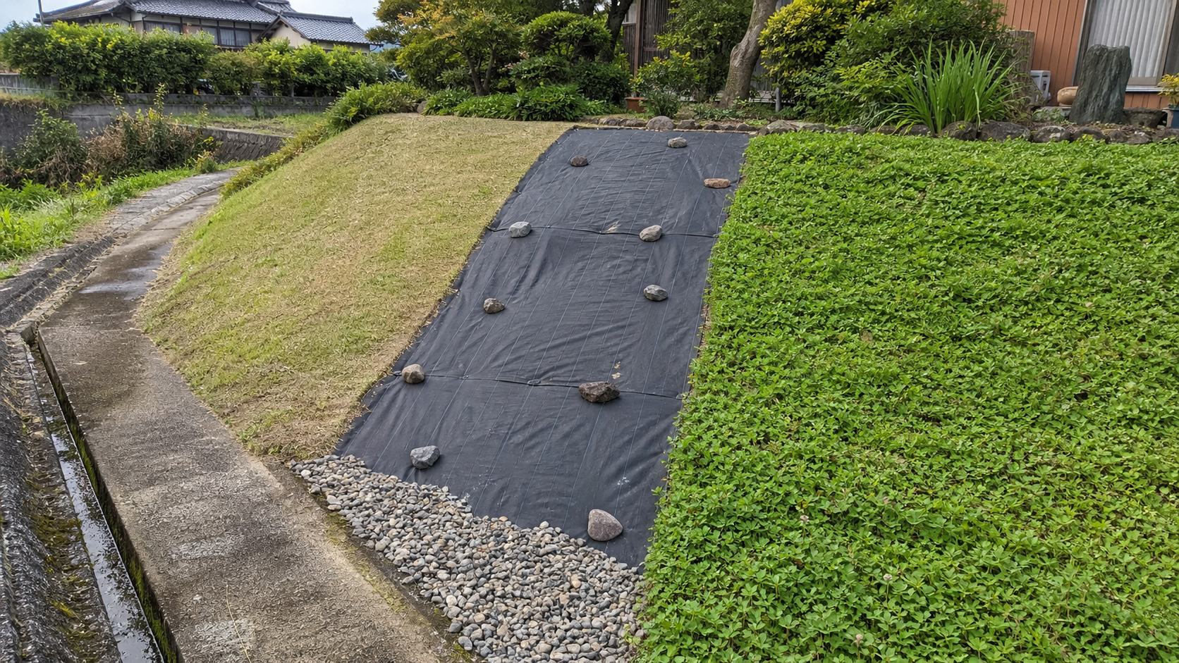 草刈りと防草シートとグランドカバーを使い分ける土手