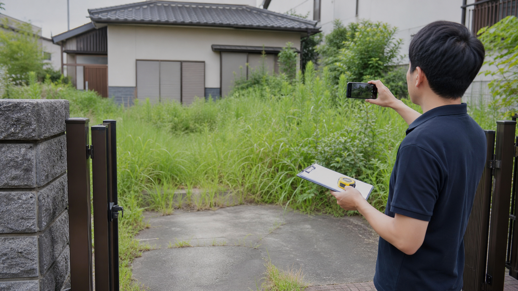 空き家の庭で草丈と作業範囲を写真に残している様子