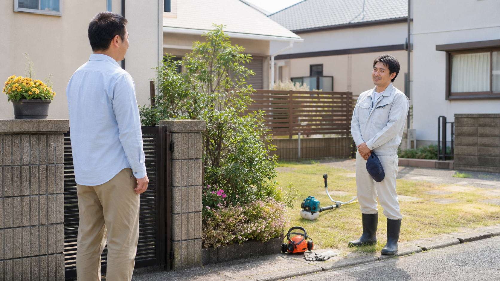 草刈り前に近所へ一言あいさつする様子