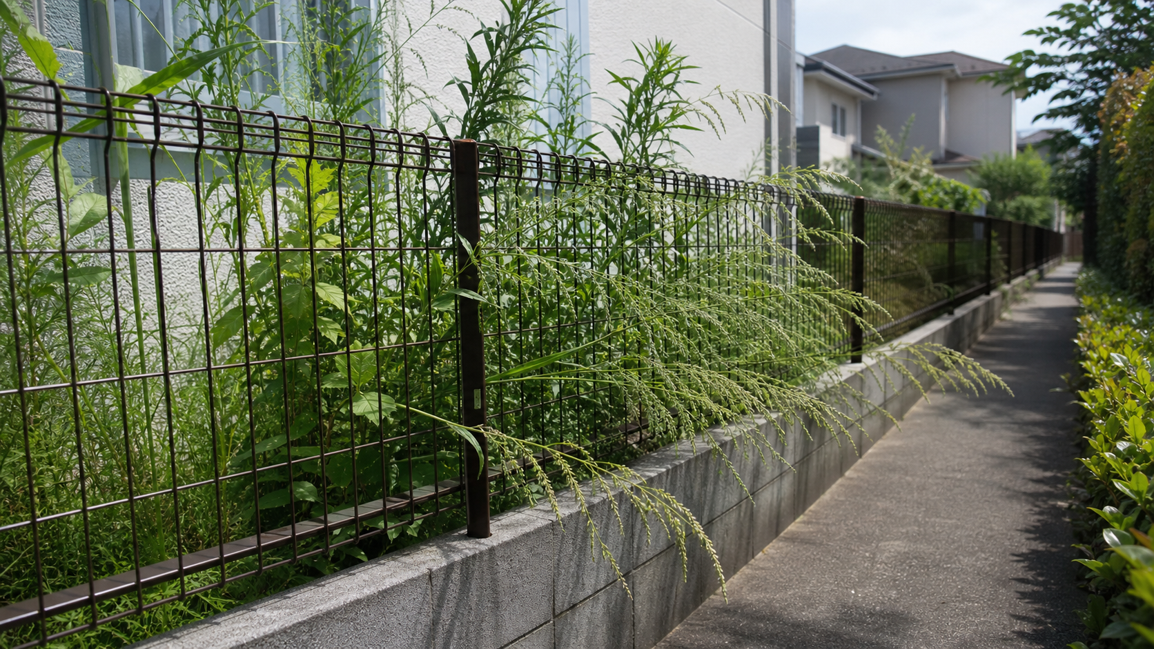 隣家の雑草が境界フェンスから伸びている様子