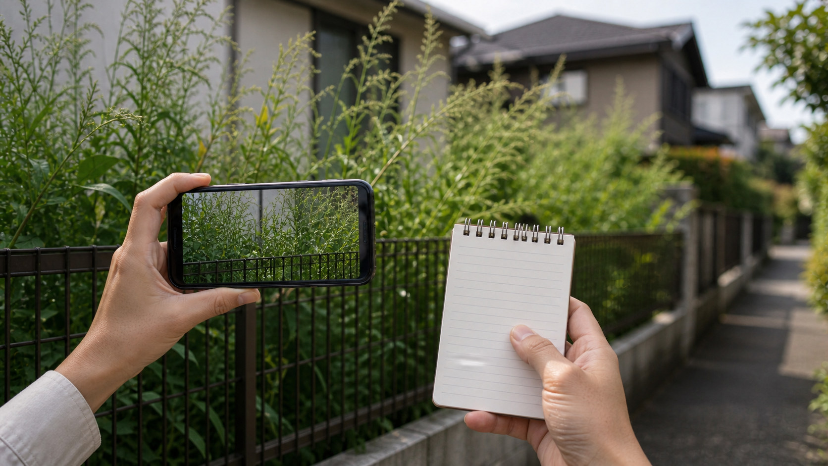 隣家の雑草を記録して相談準備をする様子