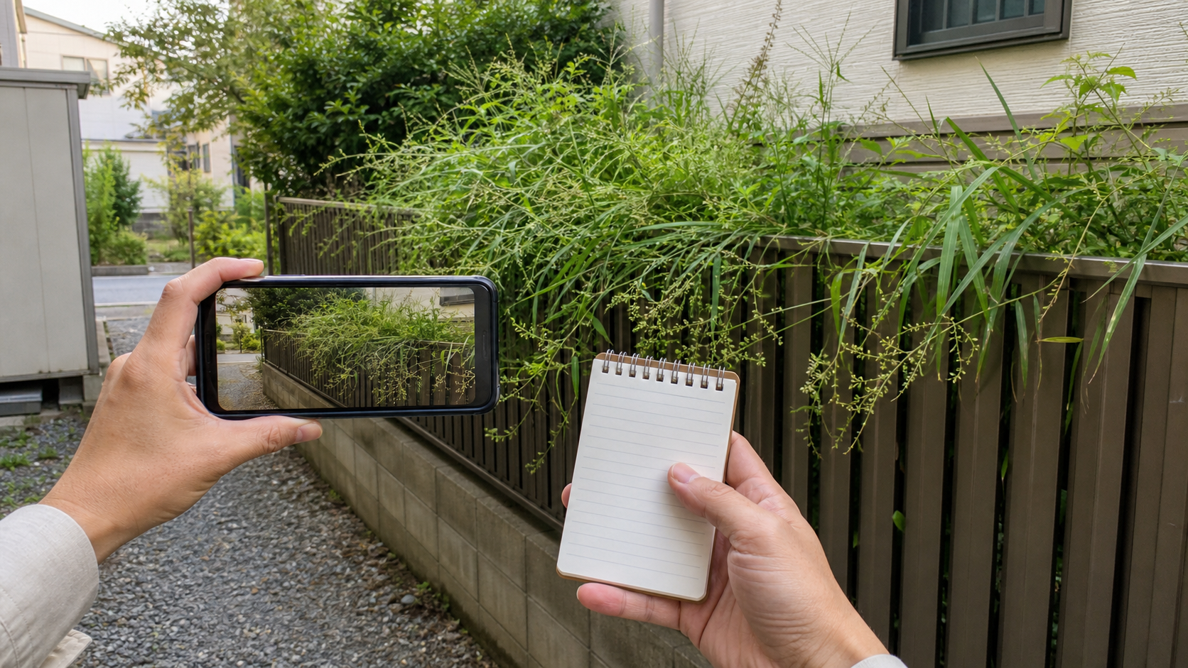 隣家の雑草を写真とメモで記録している様子