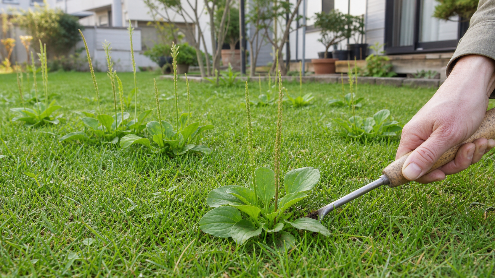 芝生に広がるオオバコを抜き取る様子