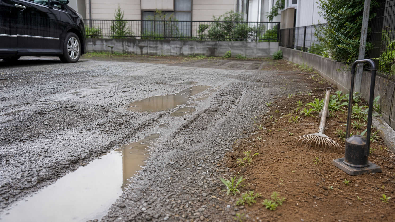土の駐車場で轍と水たまりと雑草の再発ポイントを確認する様子