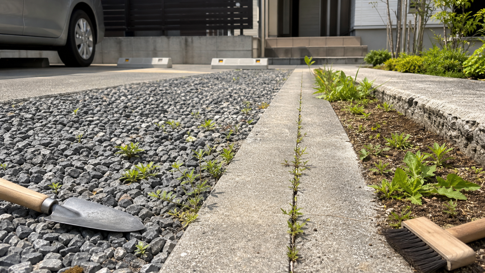 砂利とコンクリート目地と土の駐車場で雑草が生える場所を確認する様子