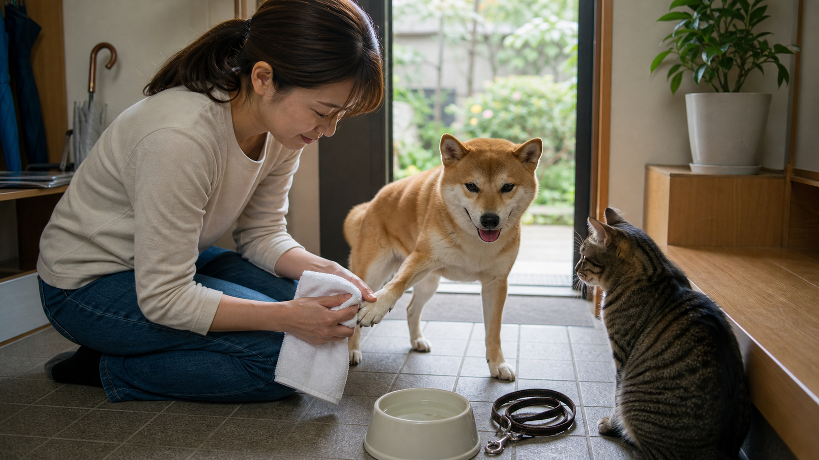 除草剤散布後に室内で犬の足裏を拭き猫を待機させている様子