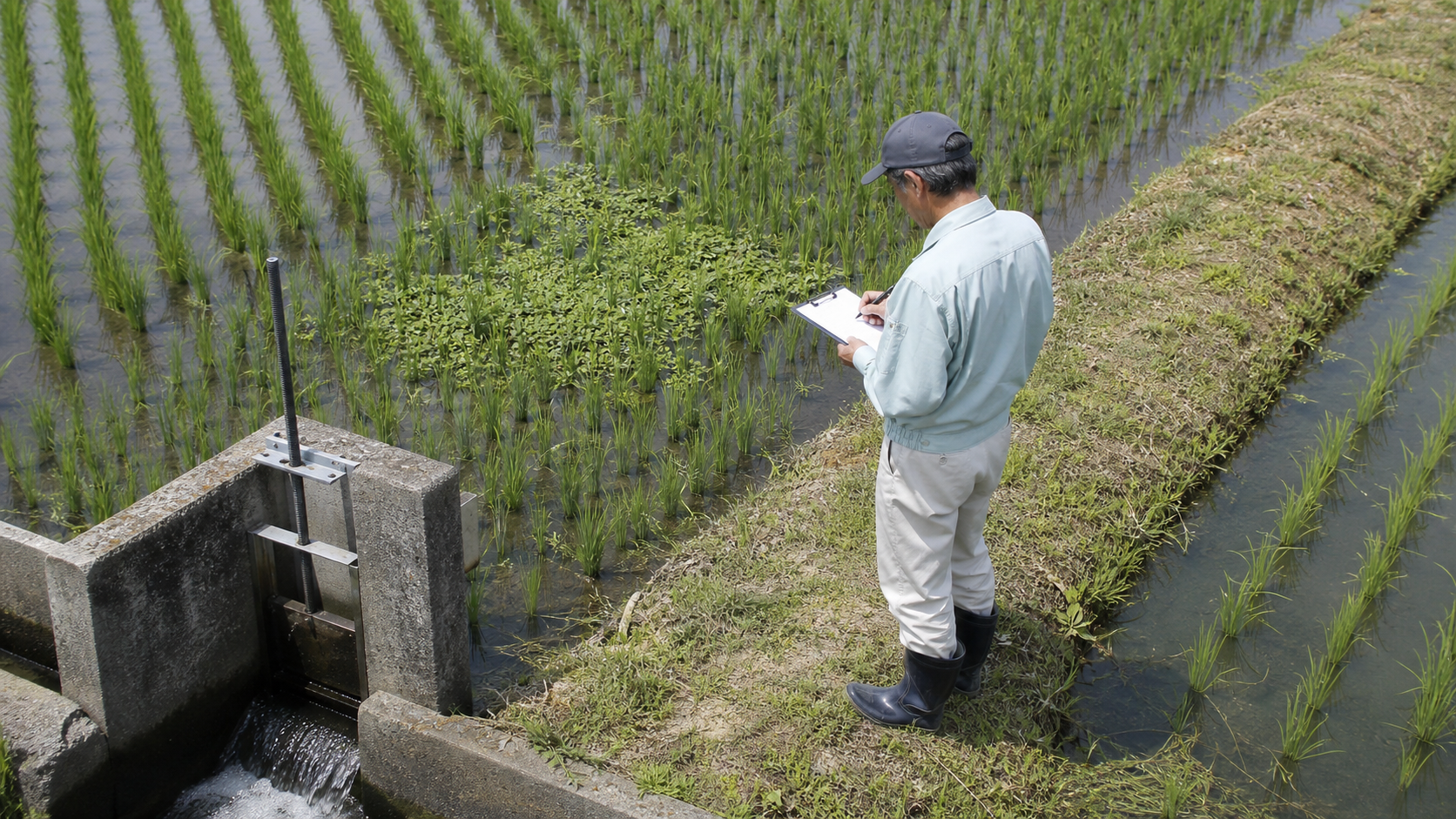 田んぼの水口と雑草発生を点検する圃場確認