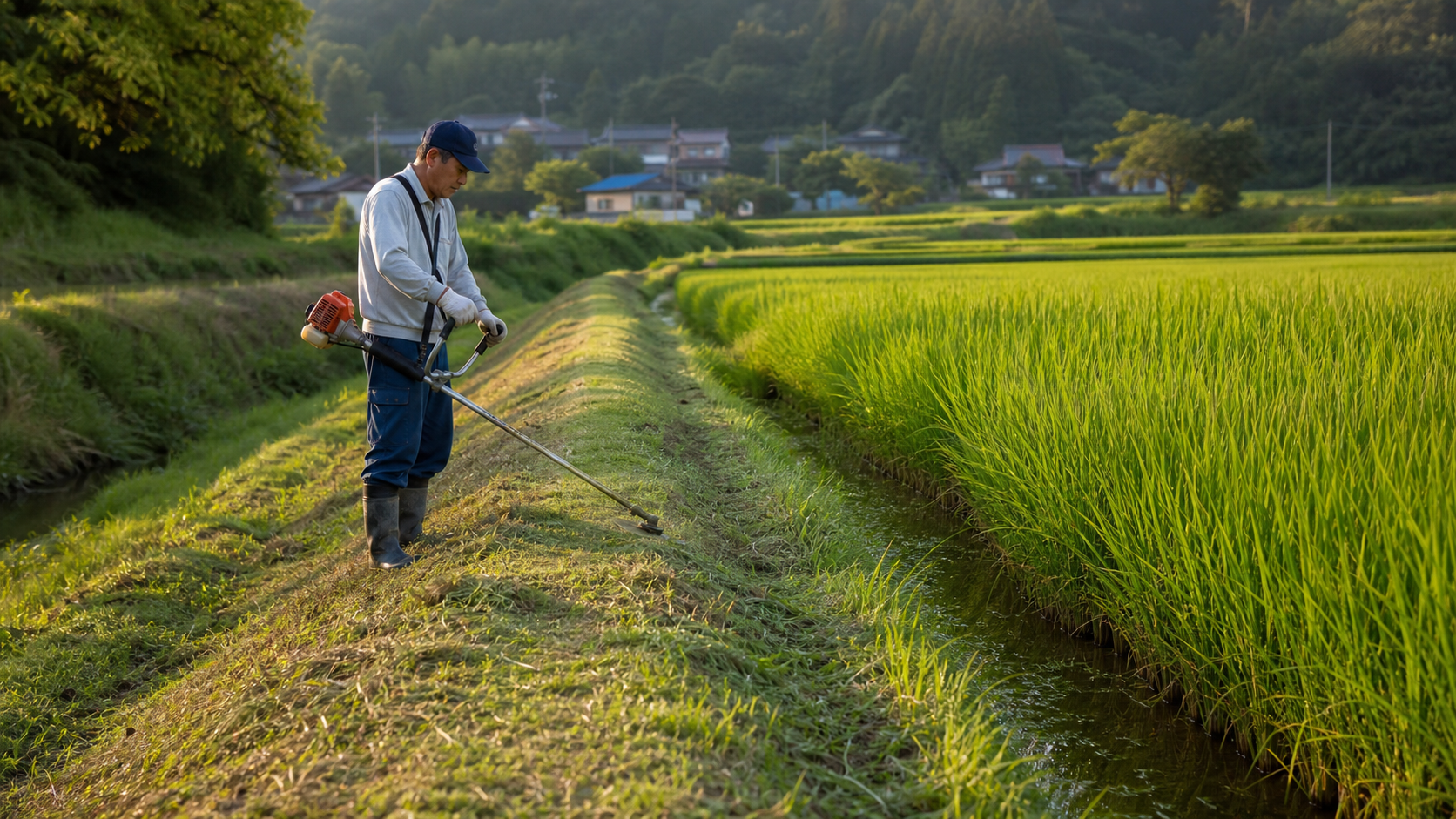 田んぼの畦で草刈りをして雑草の侵入を抑える様子