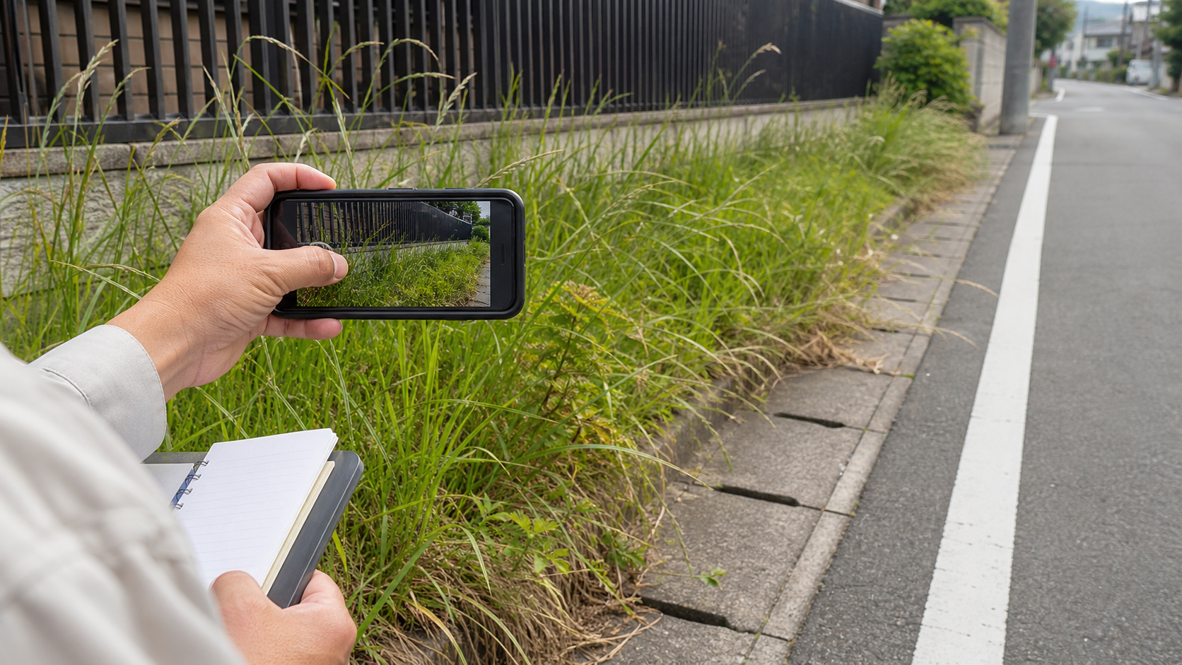 通報前に道路にはみ出した雑草の状況を写真で記録する様子
