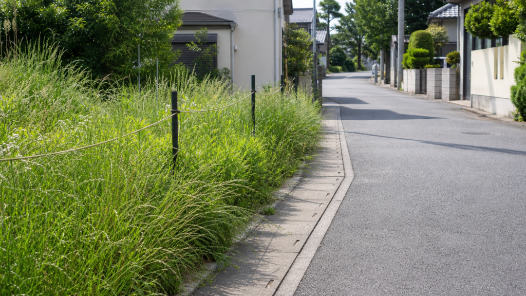 道路にはみ出した雑草が通行の妨げになる住宅街の道路