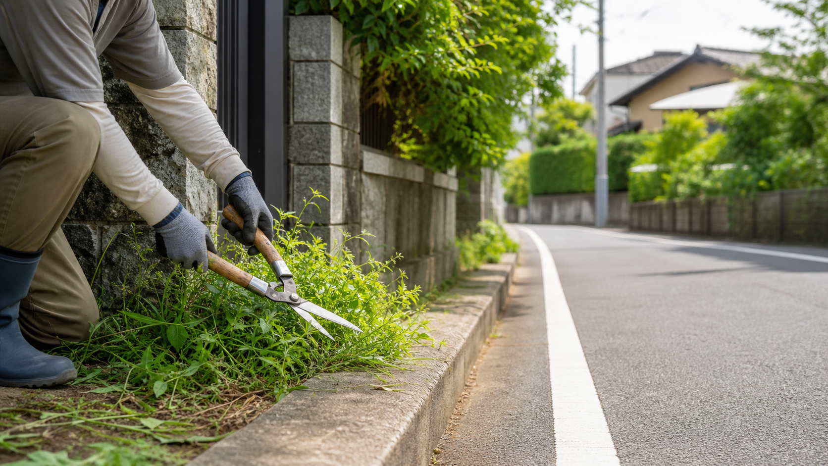 道路沿いの敷地境界で雑草を安全に刈る作業