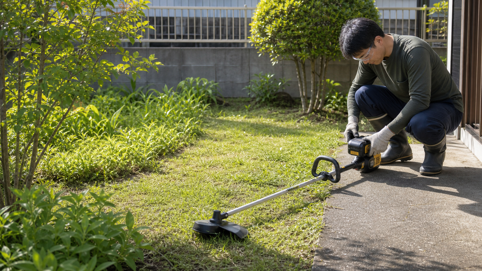 草が乾いた庭で草刈機を準備する様子