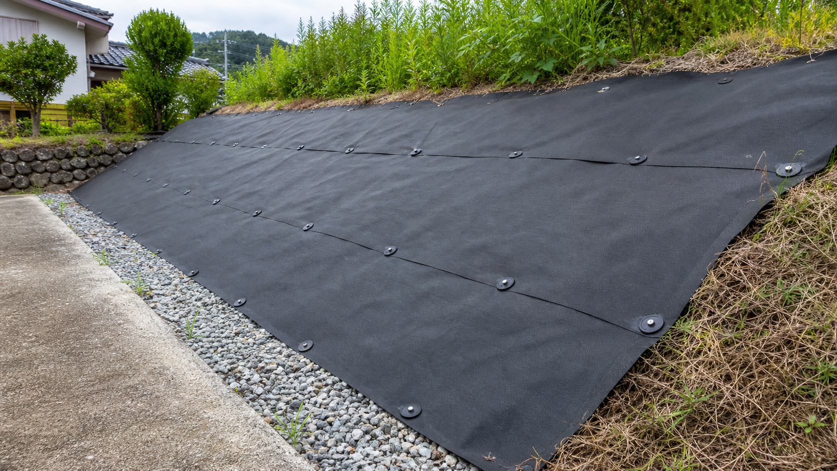 土手の斜面に防草シートをピンで固定した施工例