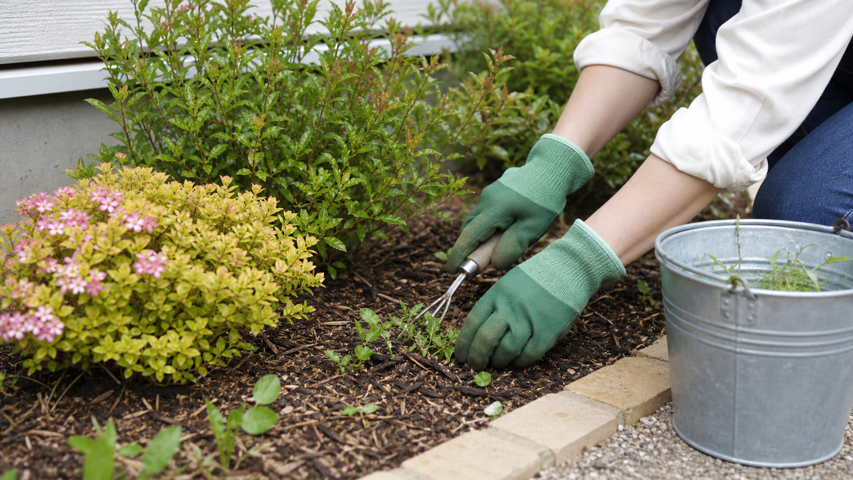 植栽周りの小さな雑草を手道具で抜く作業