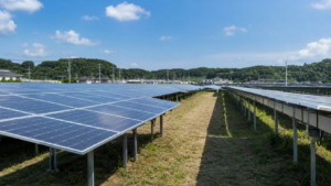 太陽光発電所で低く草を管理したパネル列と点検通路