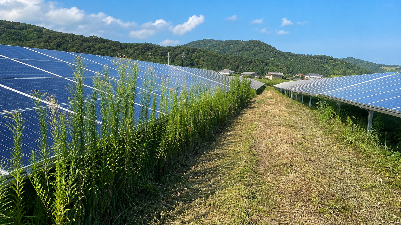 太陽光パネルの横に伸びた雑草と草刈り済みの点検通路