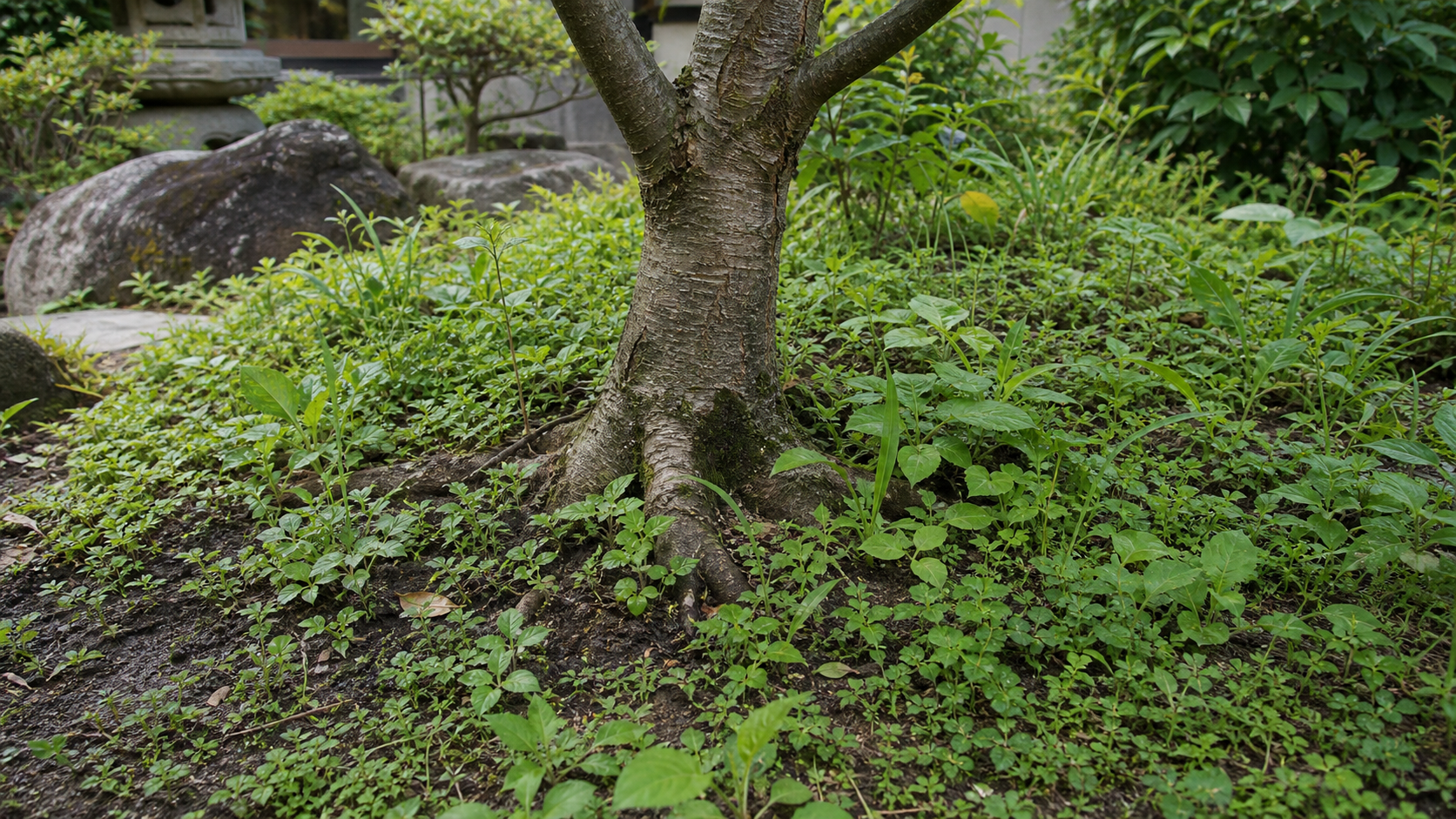 雑草が密集して水分や養分を奪いやすい庭木の根元