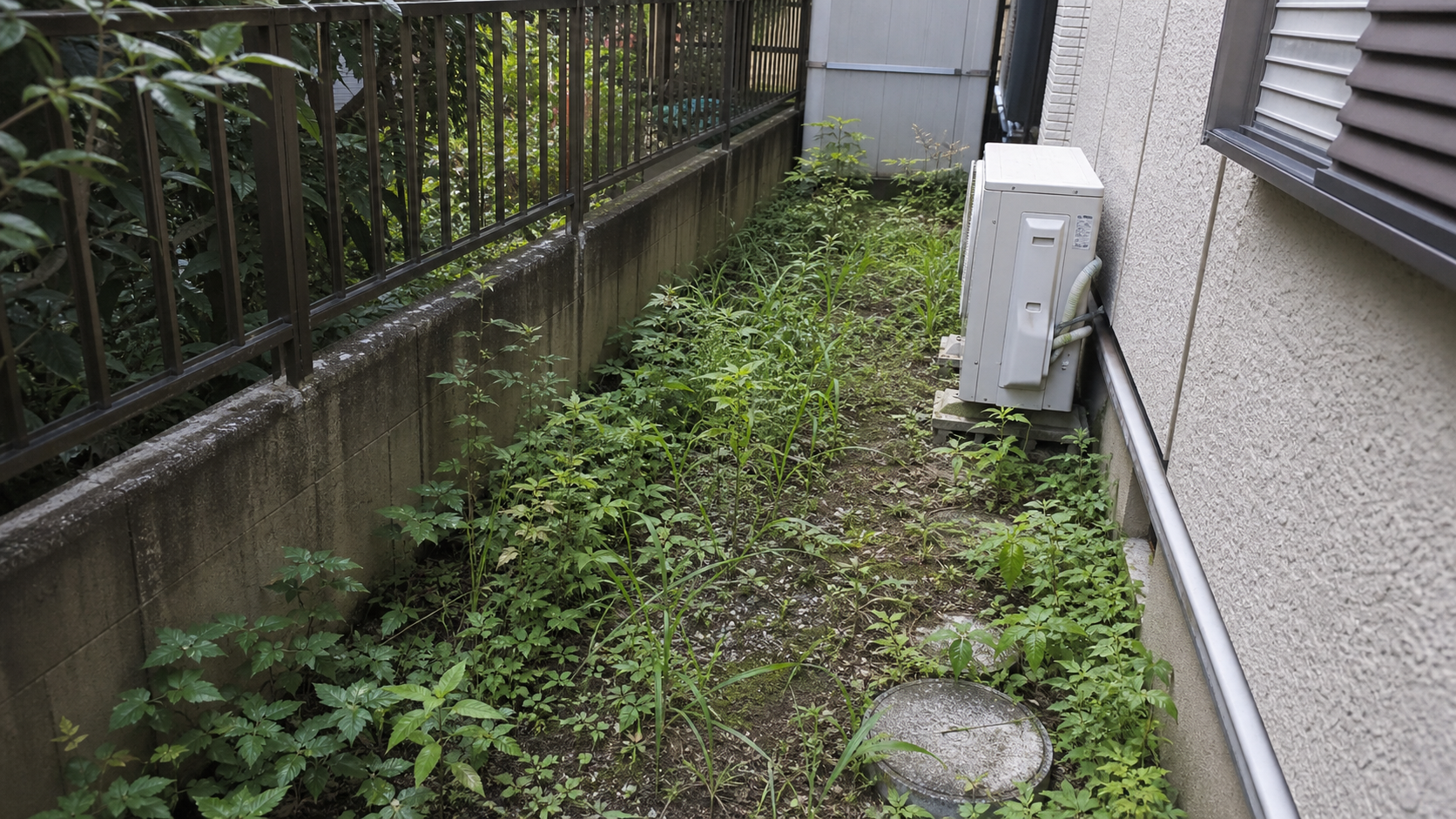 住宅裏の狭い裏庭に雑草が伸びて放置リスクが高まっている様子