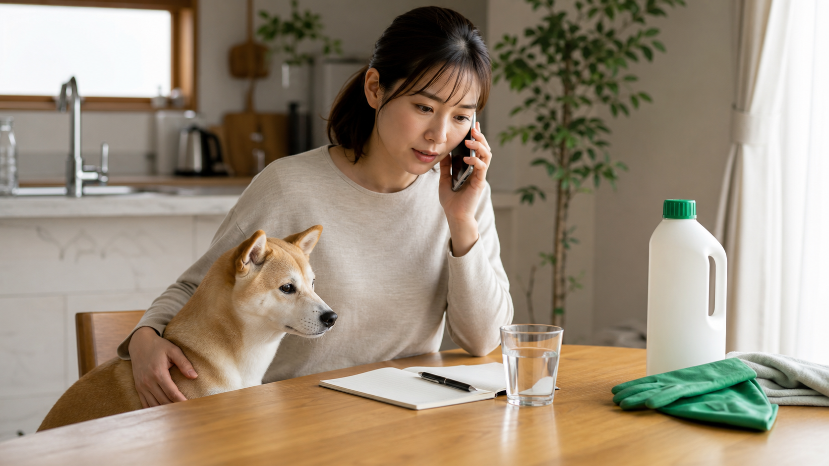 除草剤を舐めたかもしれない犬のそばで動物病院へ電話相談する様子