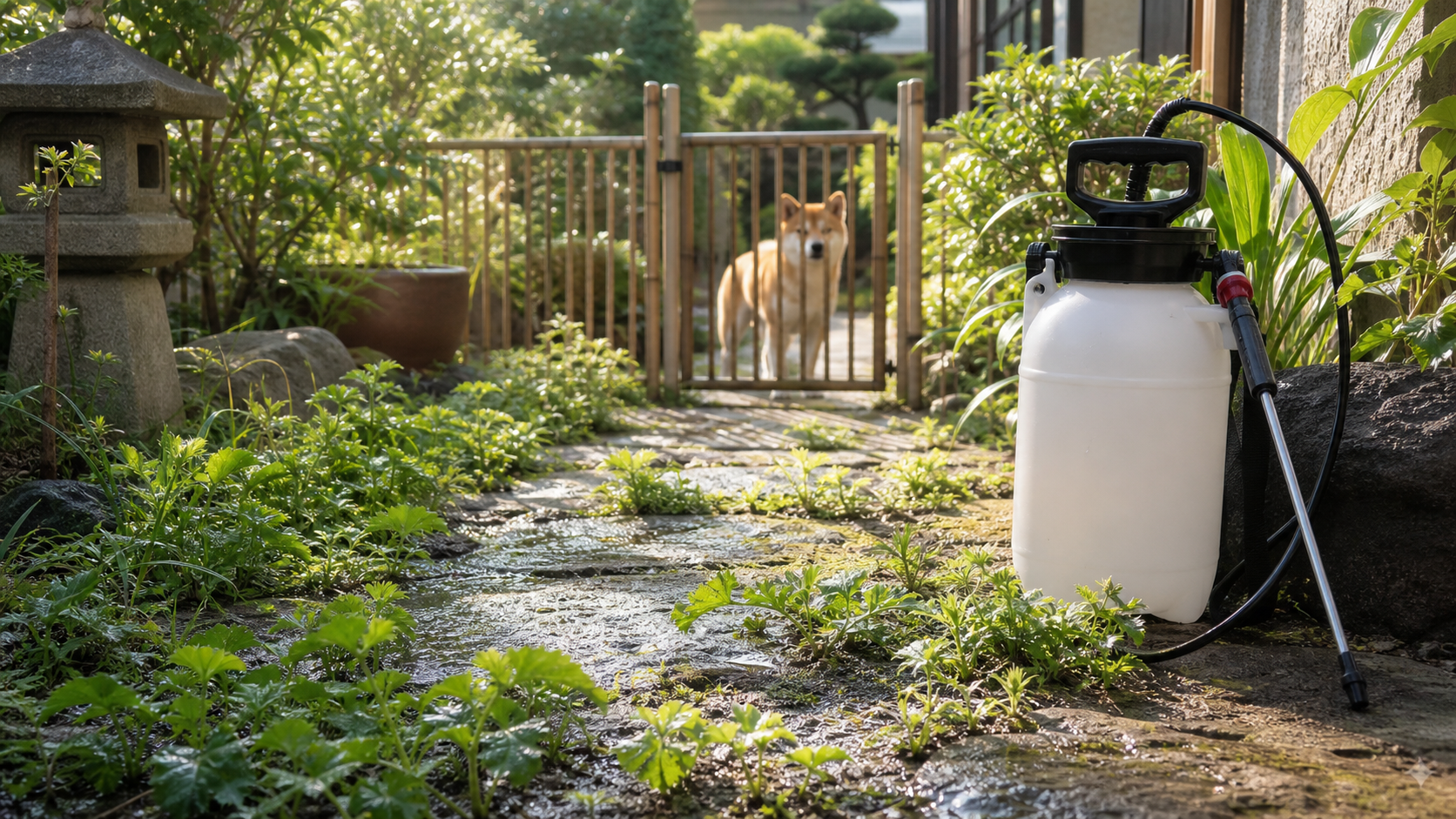 除草剤散布後の庭とペット用ゲートのある安全管理の様子
