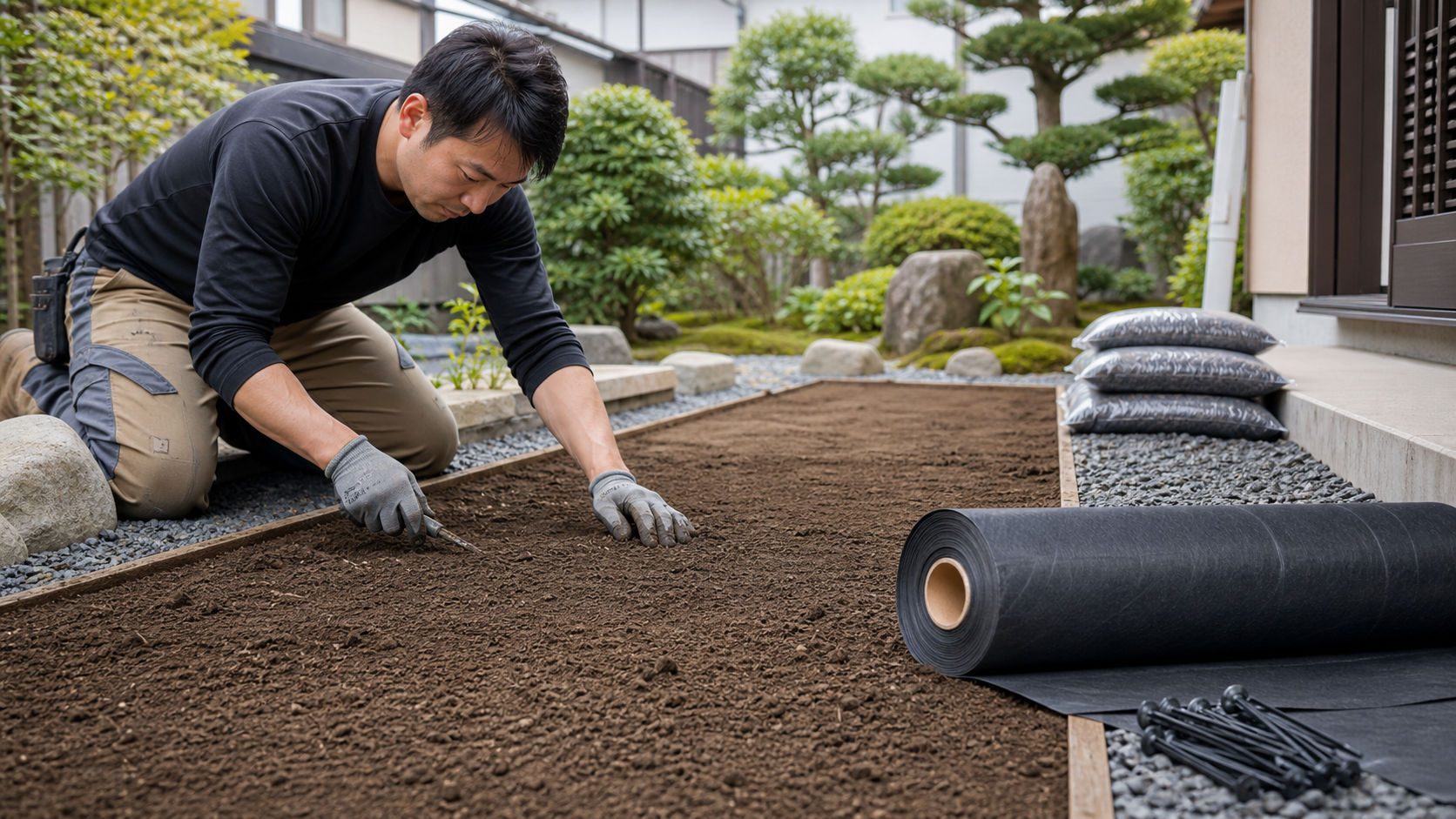 防草シート施工前に地面を整地する作業