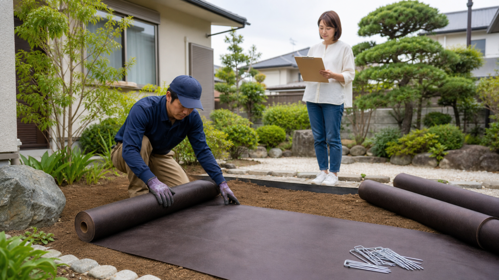 防草シートを業者が庭に施工している様子