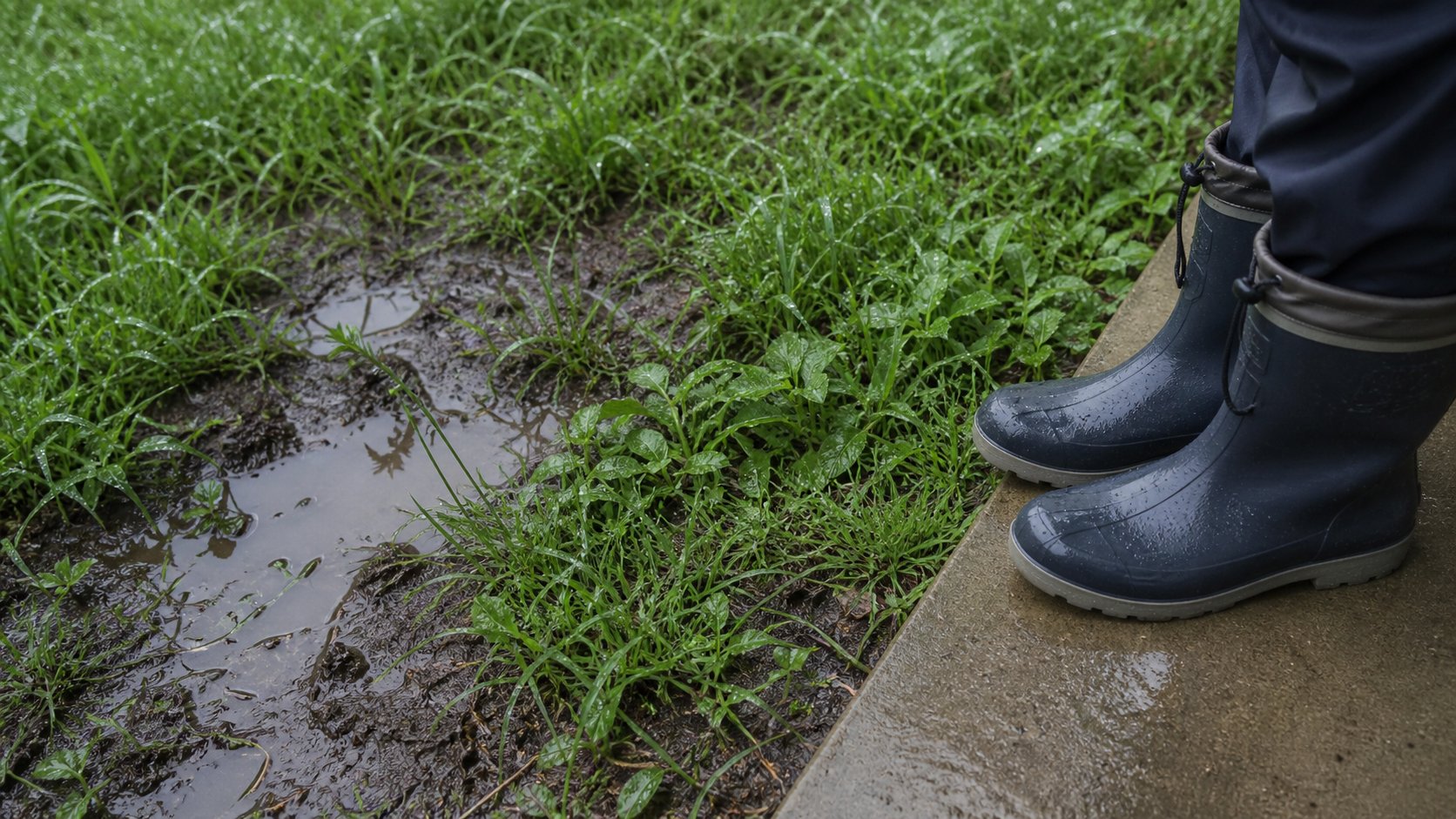 雨上がりでぬかるんだ庭と長靴