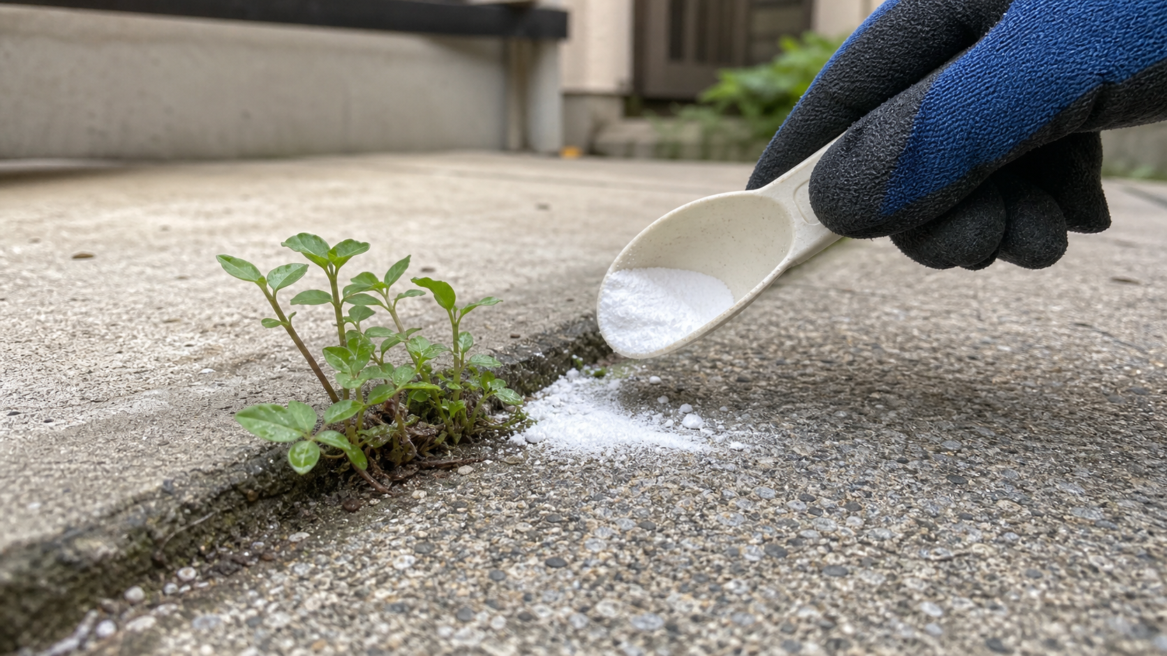 コンクリートの隙間の雑草に重曹を少量使う様子