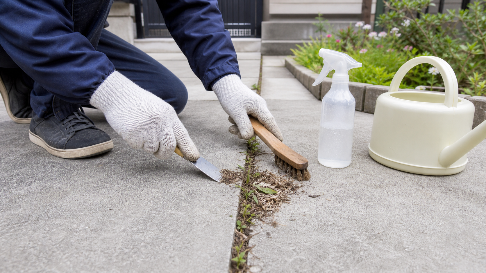 コンクリートの目地を道具で掃除して雑草を処理する様子