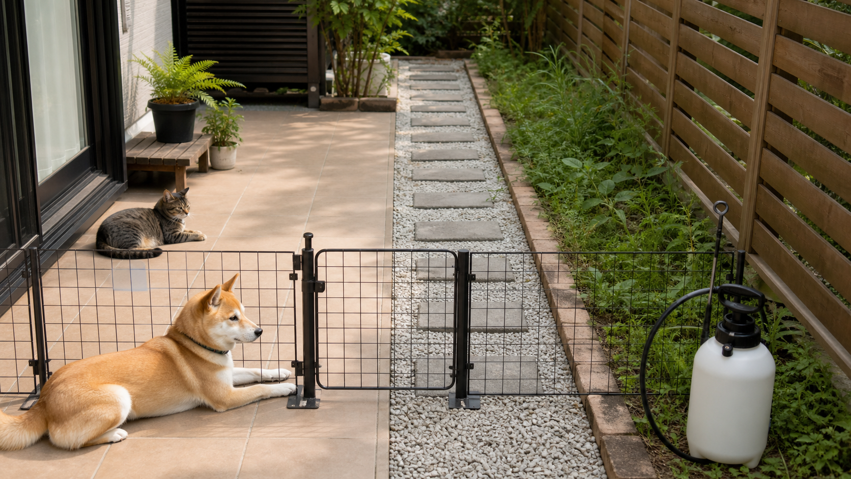 犬猫の通り道とサンフーロン散布範囲をフェンスで分けた庭