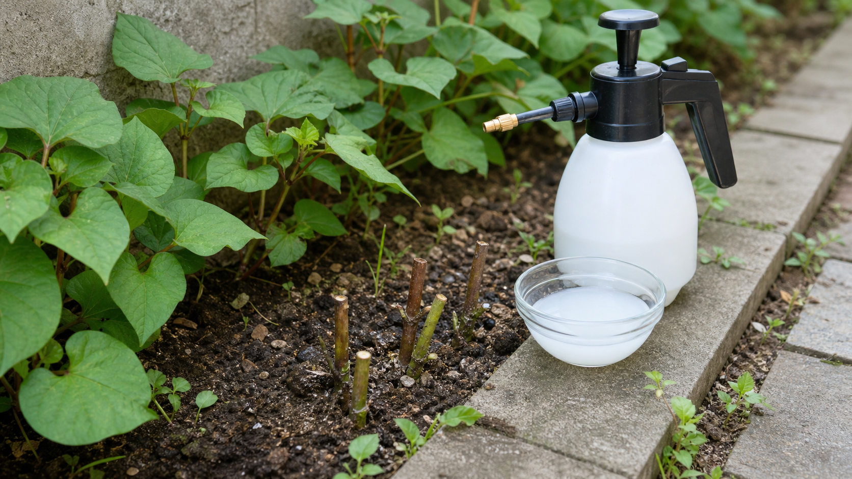 切ったドクダミの茎へ重曹水をピンポイントで使う準備